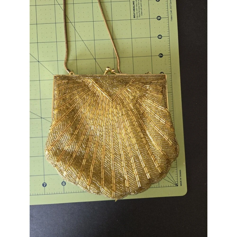 Vintage Partners by Mervyns Gold Beaded Clamshell Evening Bag / Clutch GUC